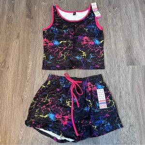 POP Fit X Cheek Boss | Black & Paint Splatter Tank & Shorts PJ Set | Size L